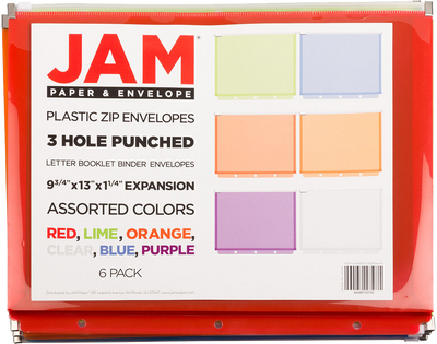 Assorted Letter Booklet 3 Hold Punch Plastic Envelopes (9 3/4 x 13) with Zip Closure - 6 Pack
