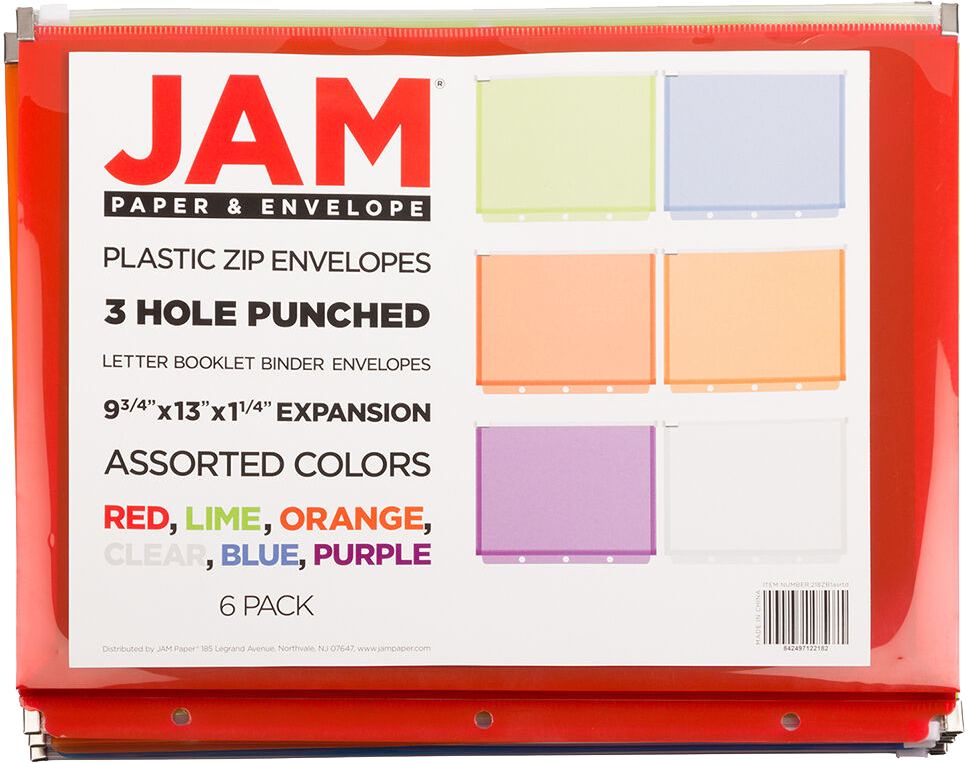 Assorted Letter Booklet 3 Hold Punch Plastic Envelopes (9 3/4 x 13) with Zip Closure - 6 Pack
