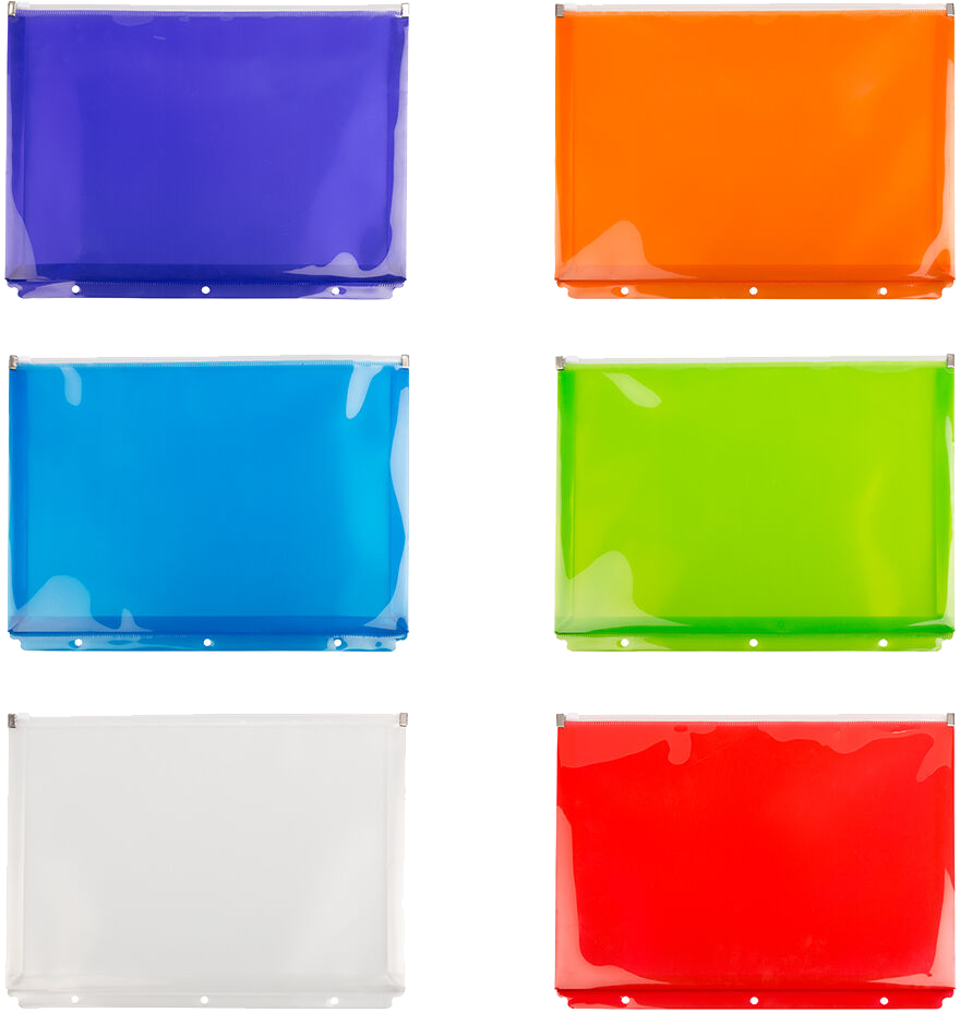 Assorted Letter Booklet 3 Hold Punch Plastic Envelopes (9 3/4 x 13) with Zip Closure - 6 Pack