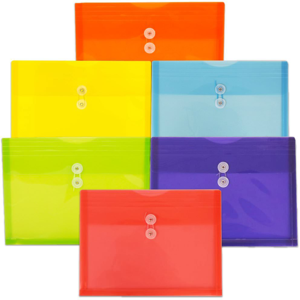 Assorted Letter Booklet Plastic Envelopes (9 3/4 x 13) with Button & String - 6 Pack