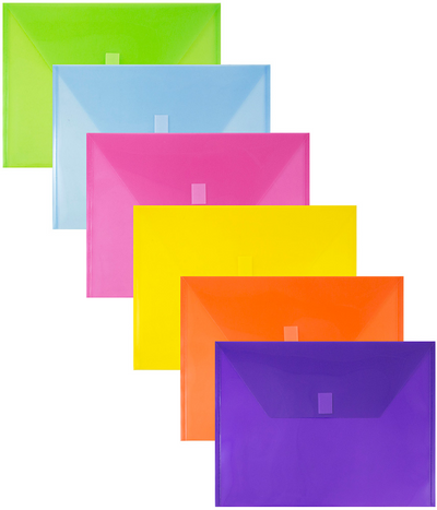 Assorted Letter Booklet Plastic Envelopes (9 3/4 x 13) with Hook and Loop Closure - 6 Pack