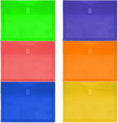Assorted Letter Booklet with 1" Expansion Plastic Envelopes (9 3/4 x 13) with Hook and Loop Closure - 6 Pack