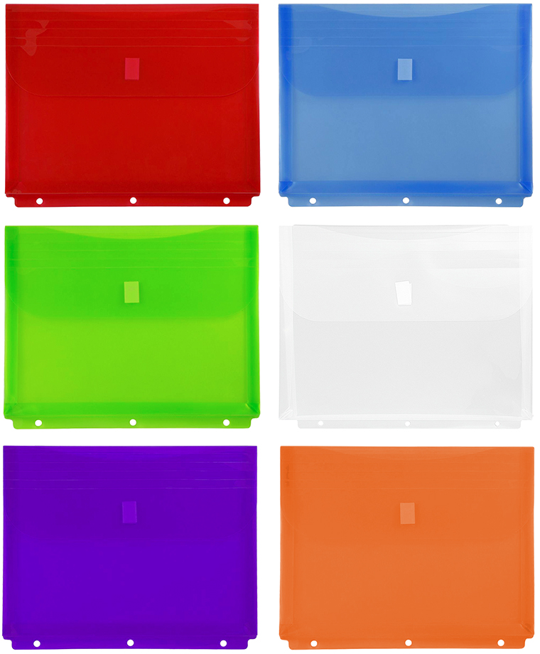 Assorted Letter Booklet 3 Hole Punch with 1" Expansion Plastic Envelopes (9 1/2 x 11 1/2) with Hook and Loop Closure - 6 Pack