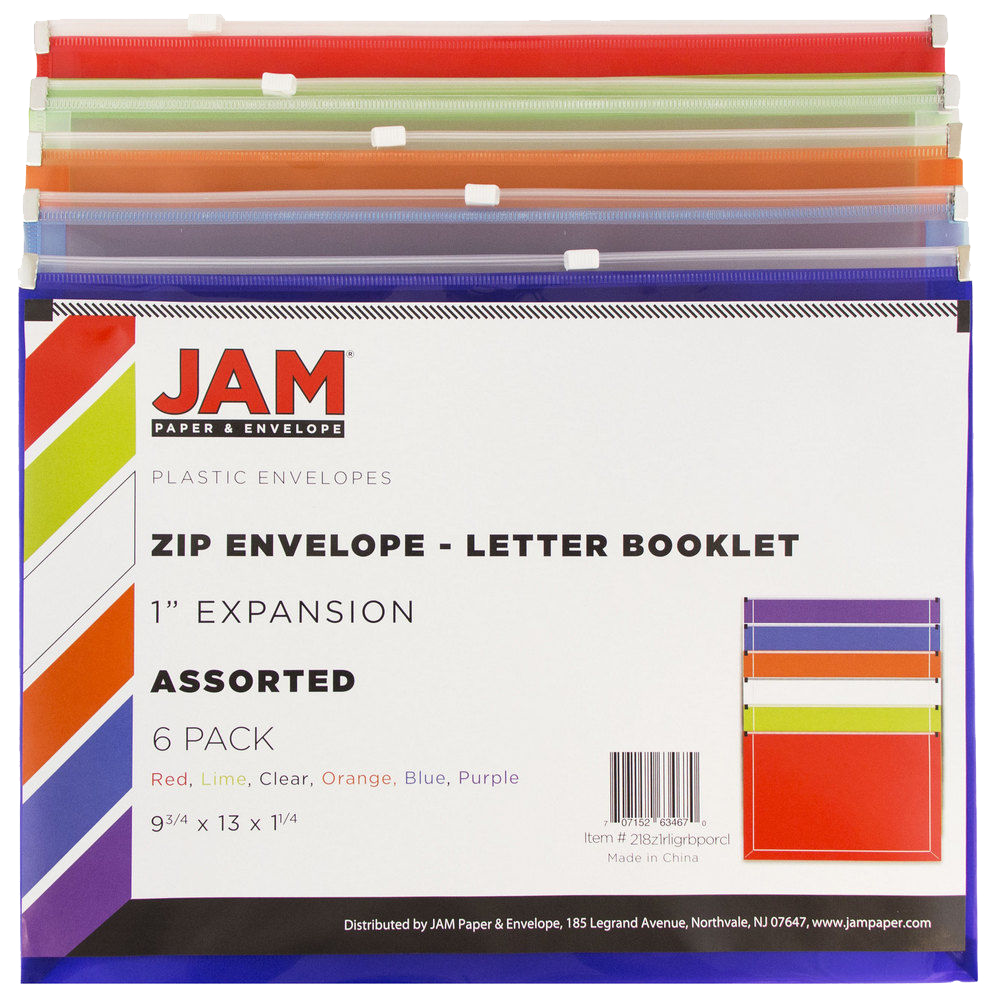 Assorted Letter Booklet Plastic Envelopes (9 3/4 x 13) with Zip Closure - 6 Pack