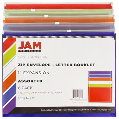 Assorted Letter Booklet Plastic Envelopes (9 3/4 x 13) with Zip Closure - 6 Pack