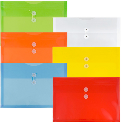 Assorted Legal Booklet Plastic Envelopes (9 3/4 x 14 1/2) with Button & String - 6 Pack
