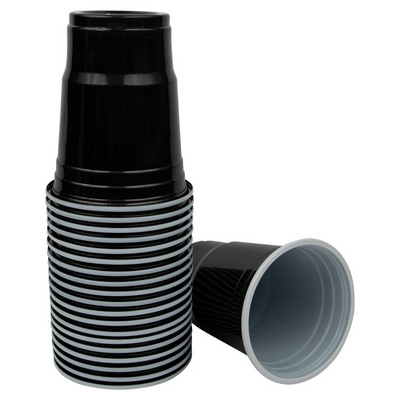 Black and Silver Party Tableware Kit (Small and Medium Plastic Plates, Lunch and Beverage Napkins, Plastic Cups, and Plastic Tablecovers) - 160 Pack