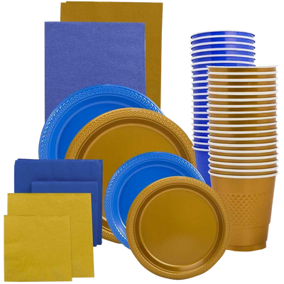 Blue and Gold Party Tableware Kit (Small and Medium Plastic Plates, Lunch and Beverage Napkins, Plastic Cups, and Plastic Tablecovers) - 160 Pack