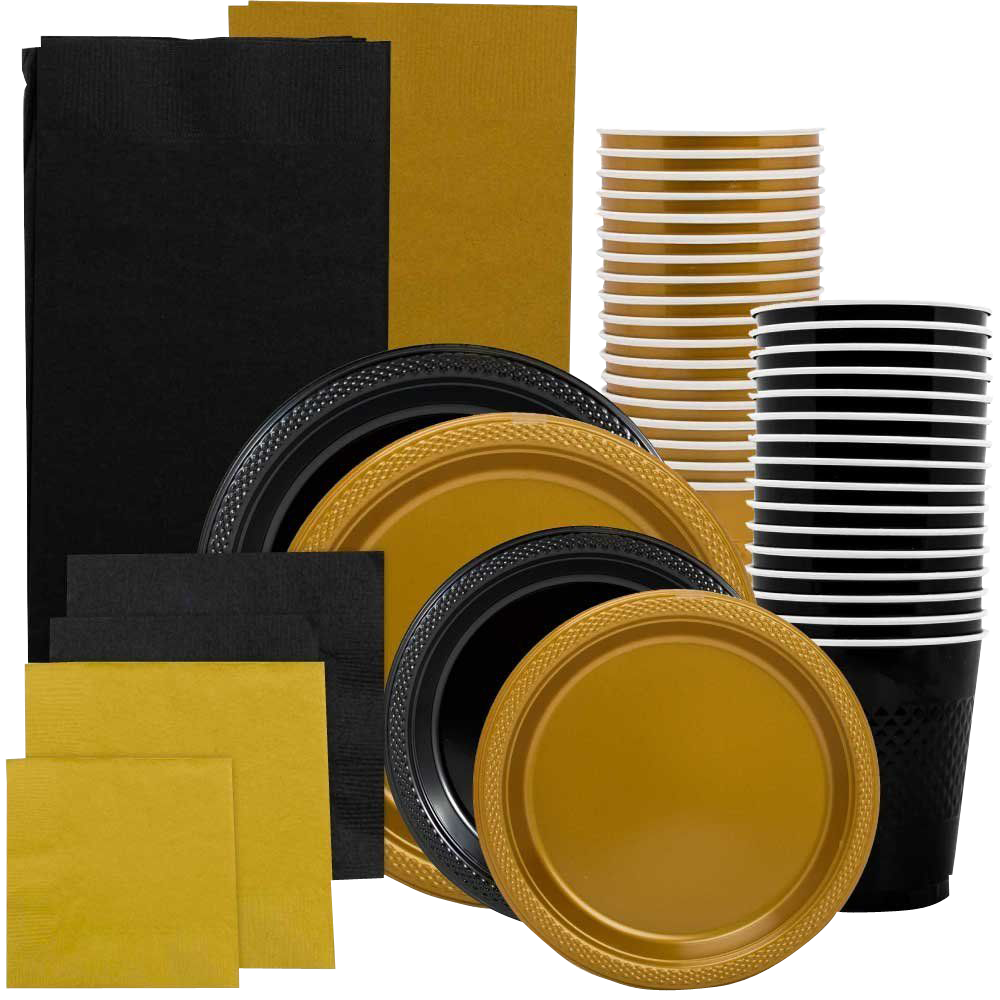 Black and Gold Party Tableware Kit (Small and Medium Plastic Plates, Lunch and Beverage Napkins, Plastic Cups, and Plastic Tablecovers) - 160 Pack