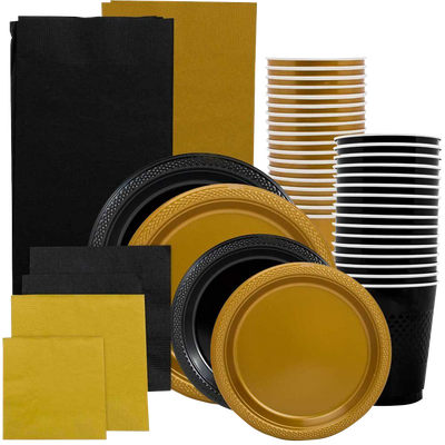 Black and Gold Party Tableware Kit (Small and Medium Plastic Plates, Lunch and Beverage Napkins, Plastic Cups, and Plastic Tablecovers) - 160 Pack