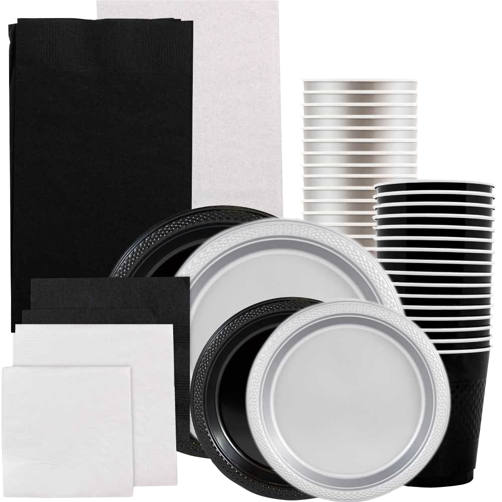 Black and Silver Party Tableware Kit (Small and Medium Plastic Plates, Lunch and Beverage Napkins, Plastic Cups, and Plastic Tablecovers) - 160 Pack