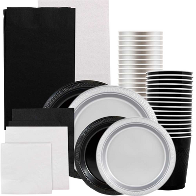 Black and Silver Party Tableware Kit (Small and Medium Plastic Plates, Lunch and Beverage Napkins, Plastic Cups, and Plastic Tablecovers) - 160 Pack