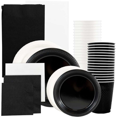 Black and White Party Tableware Kit (Small and Medium Plastic Plates, Lunch and Beverage Napkins, Plastic Cups, and Plastic Tablecovers) - 160 Pack