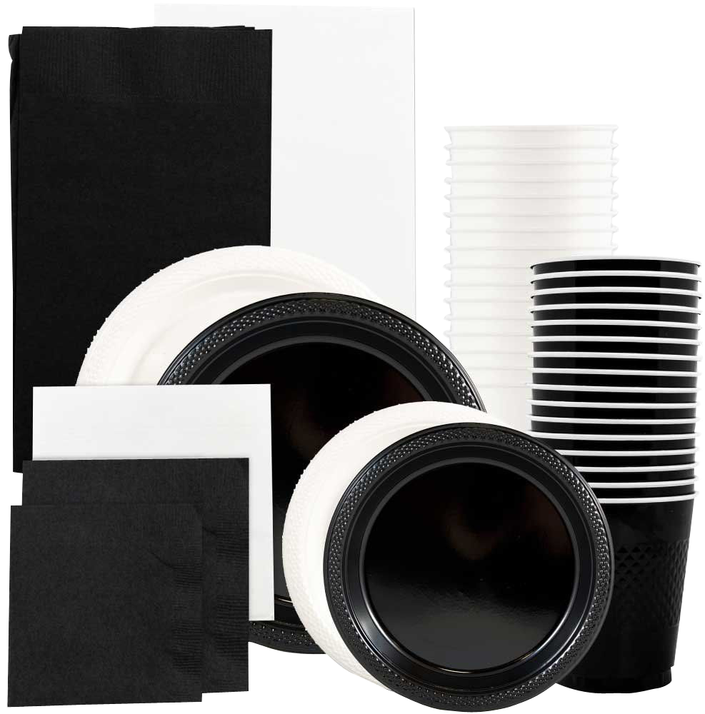 Black and White Party Tableware Kit (Small and Medium Plastic Plates, Lunch and Beverage Napkins, Plastic Cups, and Plastic Tablecovers) - 160 Pack