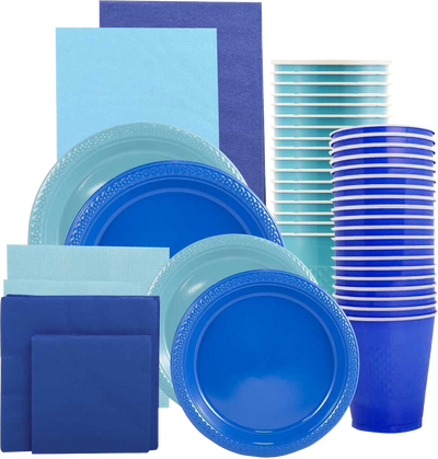 Blue and Sea Blue Party Tableware Kit (Small and Medium Plastic Plates, Lunch and Beverage Napkins, Plastic Cups, and Plastic Tablecovers) - 160 Pack