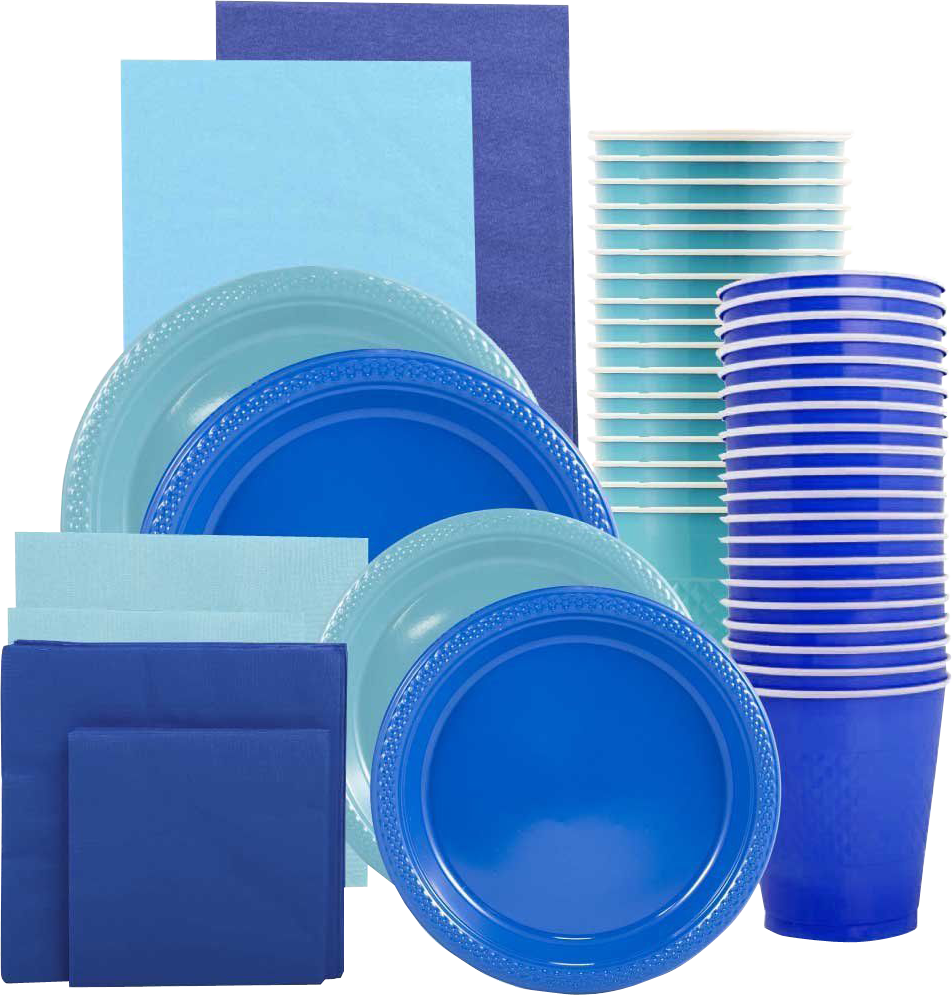 Blue and Sea Blue Party Tableware Kit (Small and Medium Plastic Plates, Lunch and Beverage Napkins, Plastic Cups, and Plastic Tablecovers) - 160 Pack