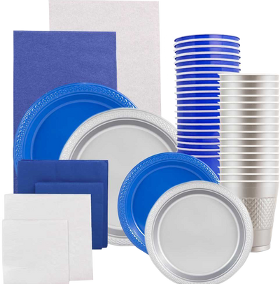 Blue and Silver Party Tableware Kit (Small and Medium Plastic Plates, Lunch and Beverage Napkins, Plastic Cups, and Plastic Tablecovers) - 160 Pack