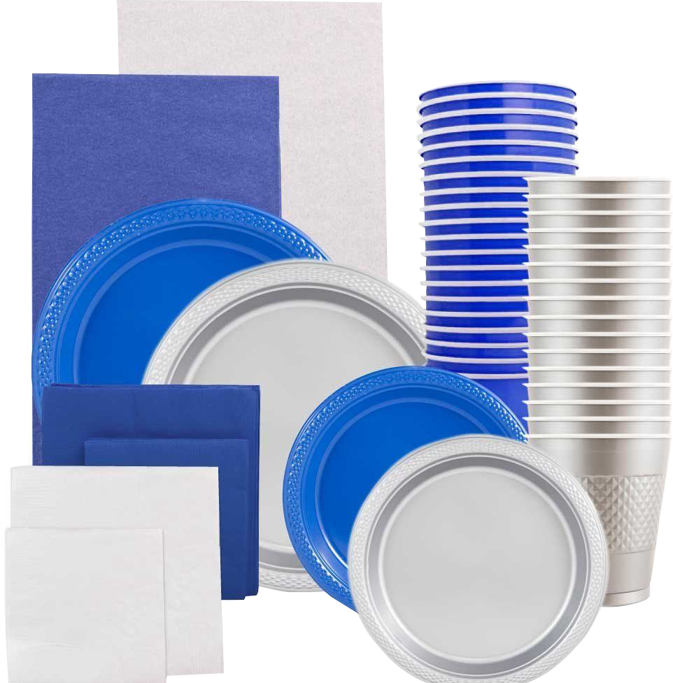 Blue and Silver Party Tableware Kit (Small and Medium Plastic Plates, Lunch and Beverage Napkins, Plastic Cups, and Plastic Tablecovers) - 160 Pack