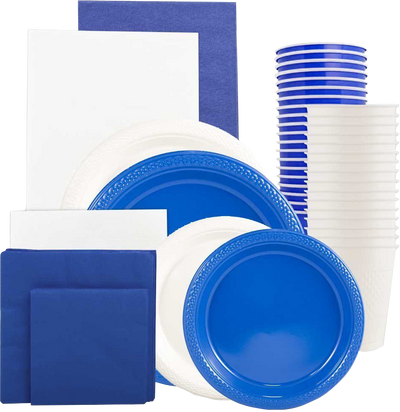 Blue and White Party Tableware Kit (Small and Medium Plastic Plates, Lunch and Beverage Napkins, Plastic Cups, and Plastic Tablecovers) - 160 Pack
