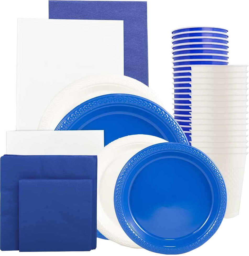 Blue and White Party Tableware Kit (Small and Medium Plastic Plates, Lunch and Beverage Napkins, Plastic Cups, and Plastic Tablecovers) - 160 Pack