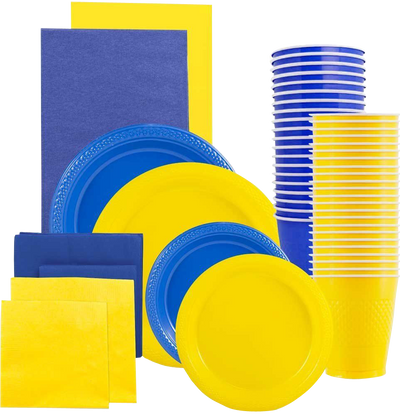 Blue and Yellow Party Tableware Kit (Small and Medium Plastic Plates, Lunch and Beverage Napkins, Plastic Cups, and Plastic Tablecovers) - 160 Pack