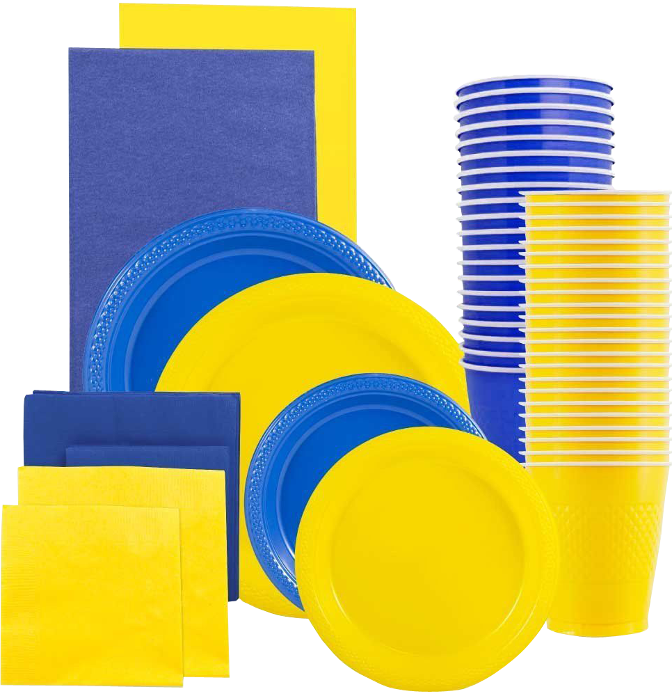 Blue and Yellow Party Tableware Kit (Small and Medium Plastic Plates, Lunch and Beverage Napkins, Plastic Cups, and Plastic Tablecovers) - 160 Pack