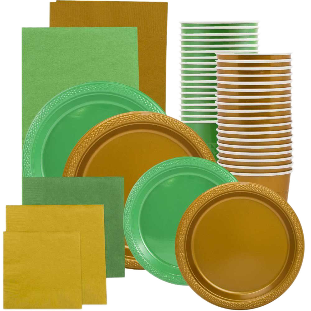 Green and Gold Party Tableware Kit (Small and Medium Plastic Plates, Lunch and Beverage Napkins, Plastic Cups, and Plastic Tablecovers) - 160 Pack