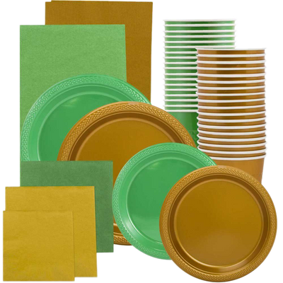 Green and Gold Party Tableware Kit (Small and Medium Plastic Plates, Lunch and Beverage Napkins, Plastic Cups, and Plastic Tablecovers) - 160 Pack