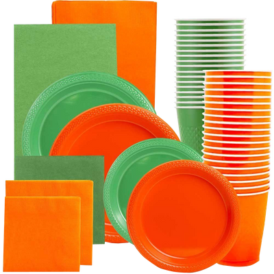 Green and Orange Party Tableware Kit (Small and Medium Plastic Plates, Lunch and Beverage Napkins, Plastic Cups, and Plastic Tablecovers) - 160 Pack
