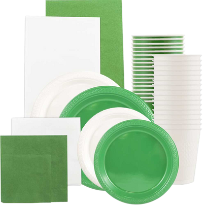 Green and White Party Tableware Kit (Small and Medium Plastic Plates, Lunch and Beverage Napkins, Plastic Cups, and Plastic Tablecovers) - 160 Pack
