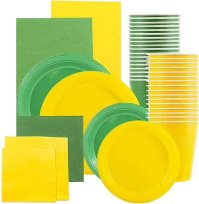 Yellow and Green Party Tableware Kit (Small and Medium Plastic Plates, Lunch and Beverage Napkins, Plastic Cups, and Plastic Tablecovers) - 160 Pack