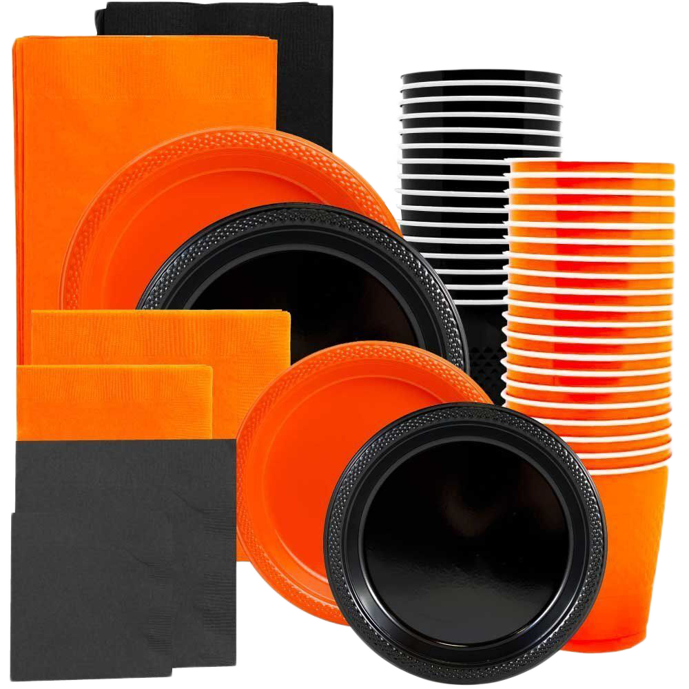 Orange and Black Party Tableware Kit (Small and Medium Plastic Plates, Lunch and Beverage Napkins, Plastic Cups, and Plastic Tablecovers) - 160 Pack