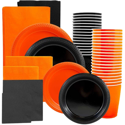 Orange and Black Party Tableware Kit (Small and Medium Plastic Plates, Lunch and Beverage Napkins, Plastic Cups, and Plastic Tablecovers) - 160 Pack