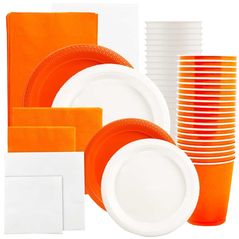 Orange and White Party Tableware Kit (Small and Medium Plastic Plates, Lunch and Beverage Napkins, Plastic Cups, and Plastic Tablecovers) - 160 Pack