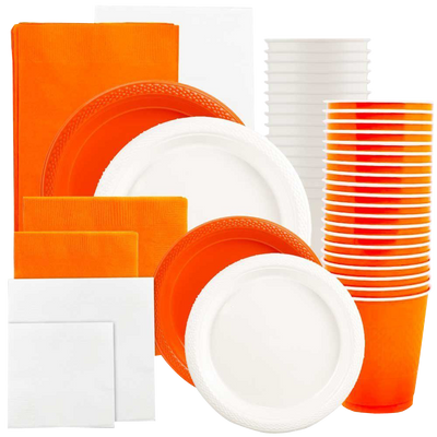 Orange and White Party Tableware Kit (Small and Medium Plastic Plates, Lunch and Beverage Napkins, Plastic Cups, and Plastic Tablecovers) - 160 Pack