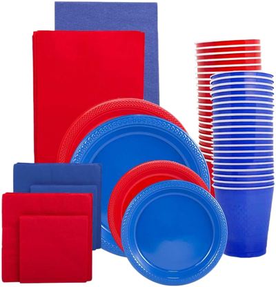 Red and Blue Party Tableware Kit (Small and Medium Plastic Plates, Lunch and Beverage Napkins, Plastic Cups, and Plastic Tablecovers) - 160 Pack