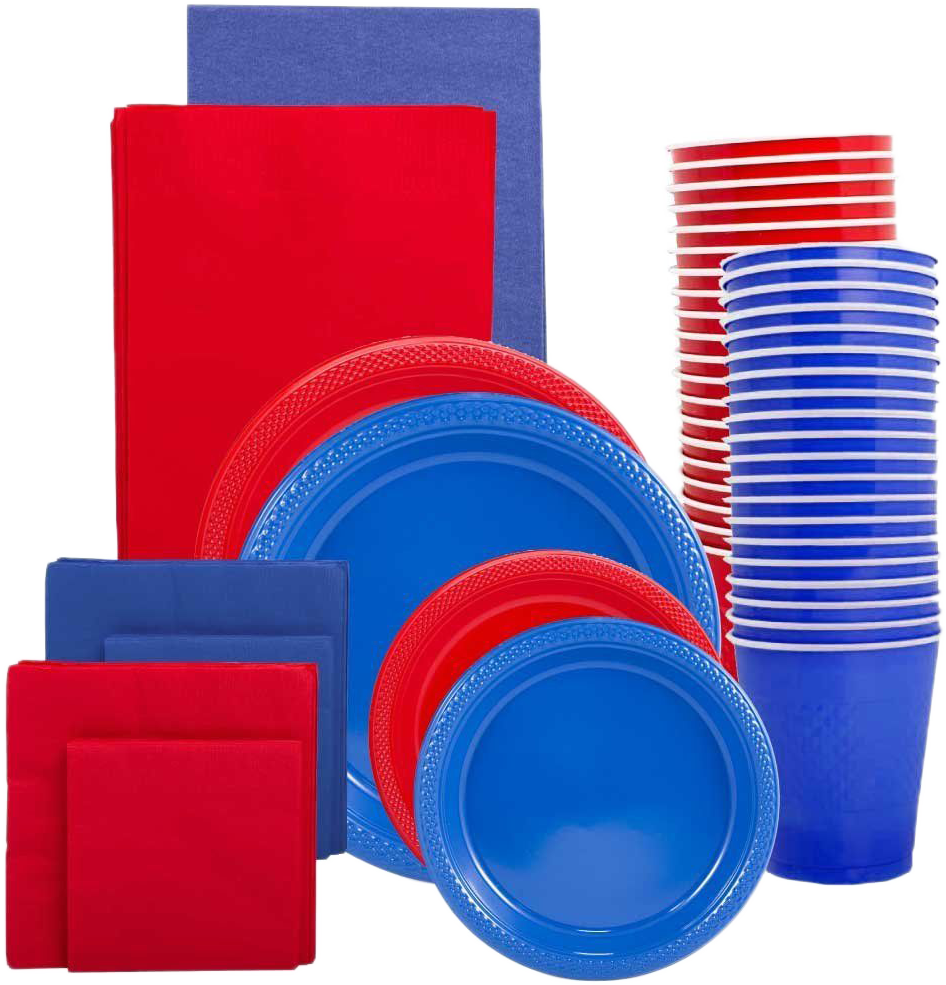Red and Blue Party Tableware Kit (Small and Medium Plastic Plates, Lunch and Beverage Napkins, Plastic Cups, and Plastic Tablecovers) - 160 Pack