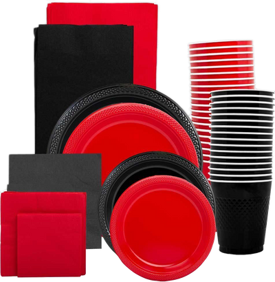 Red and Black Party Tableware Kit (Small and Medium Plastic Plates, Lunch and Beverage Napkins, Plastic Cups, and Plastic Tablecovers) - 160 Pack