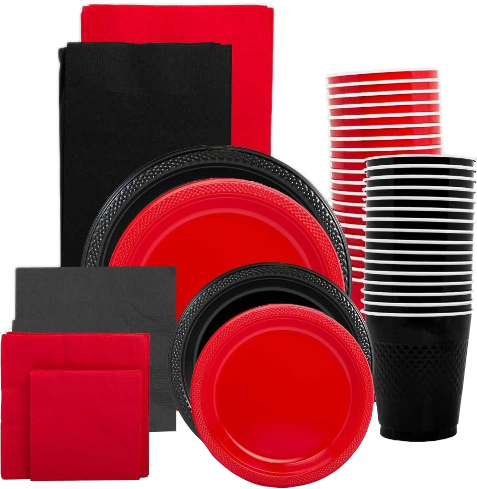 Red and Black Party Tableware Kit (Small and Medium Plastic Plates, Lunch and Beverage Napkins, Plastic Cups, and Plastic Tablecovers) - 160 Pack