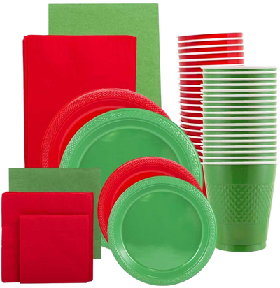 Red and Green Party Tableware Kit (Small and Medium Plastic Plates, Lunch and Beverage Napkins, Plastic Cups, and Plastic Tablecovers) - 160 Pack
