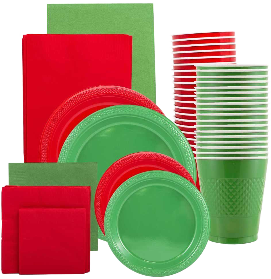 Red and Green Party Tableware Kit (Small and Medium Plastic Plates, Lunch and Beverage Napkins, Plastic Cups, and Plastic Tablecovers) - 160 Pack