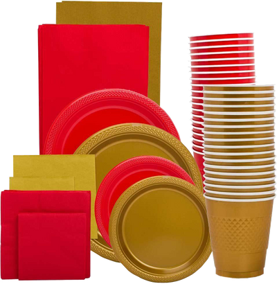 Red and Gold Party Tableware Kit (Small and Medium Plastic Plates, Lunch and Beverage Napkins, Plastic Cups, and Plastic Tablecovers) - 160 Pack