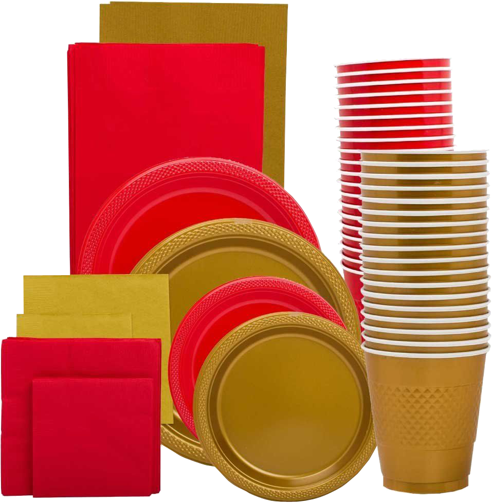 Red and Gold Party Tableware Kit (Small and Medium Plastic Plates, Lunch and Beverage Napkins, Plastic Cups, and Plastic Tablecovers) - 160 Pack