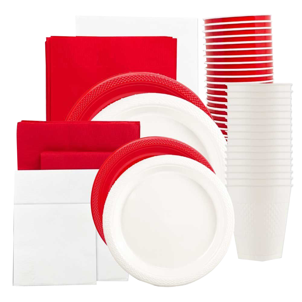 Red and White Party Tableware Kit (Small and Medium Plastic Plates, Lunch and Beverage Napkins, Plastic Cups, and Plastic Tablecovers) - 160 Pack
