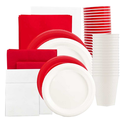 Red and White Party Tableware Kit (Small and Medium Plastic Plates, Lunch and Beverage Napkins, Plastic Cups, and Plastic Tablecovers) - 160 Pack