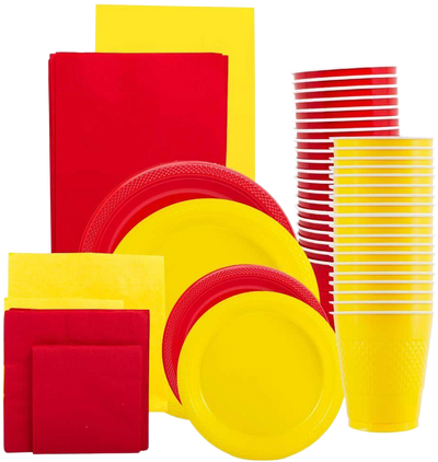 Red and Yellow Party Tableware Kit (Small and Medium Plastic Plates, Lunch and Beverage Napkins, Plastic Cups, and Plastic Tablecovers) - 160 Pack
