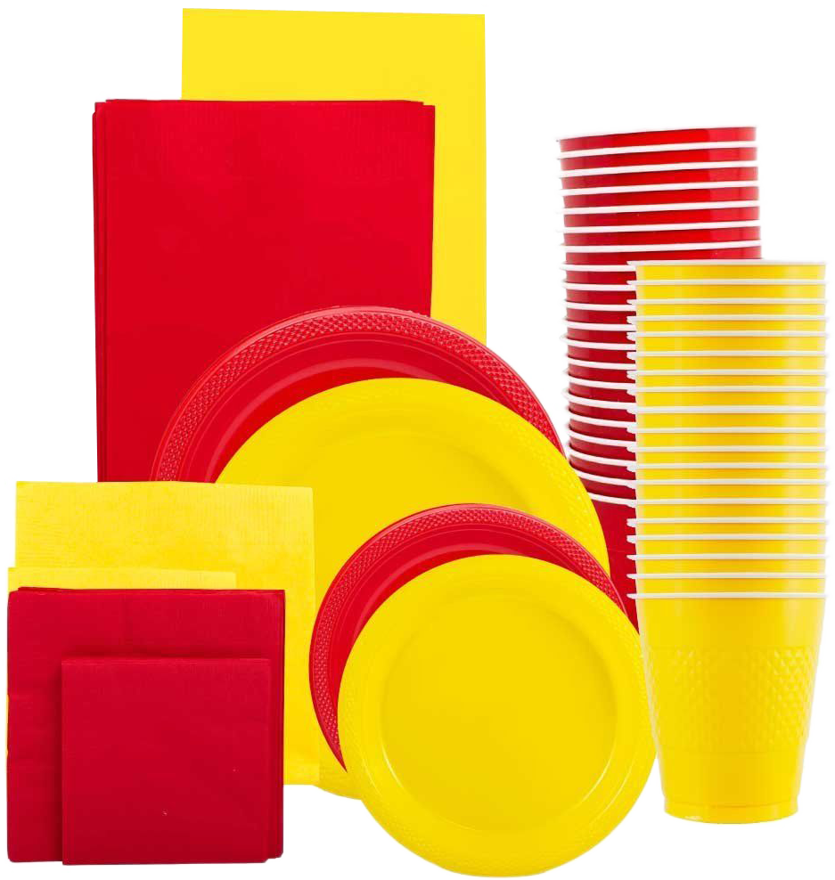 Red and Yellow Party Tableware Kit (Small and Medium Plastic Plates, Lunch and Beverage Napkins, Plastic Cups, and Plastic Tablecovers) - 160 Pack