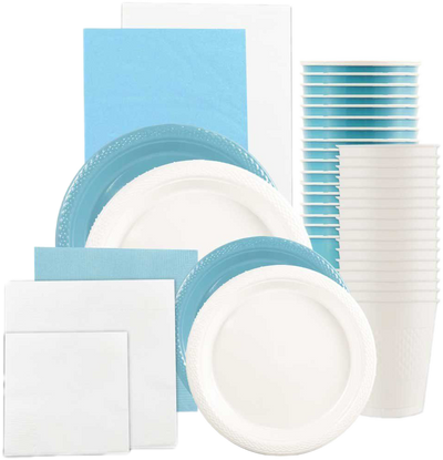 Sea Blue and White Party Tableware Kit (Small and Medium Plastic Plates, Lunch and Beverage Napkins, Plastic Cups, and Plastic Tablecovers) - 160 Pack