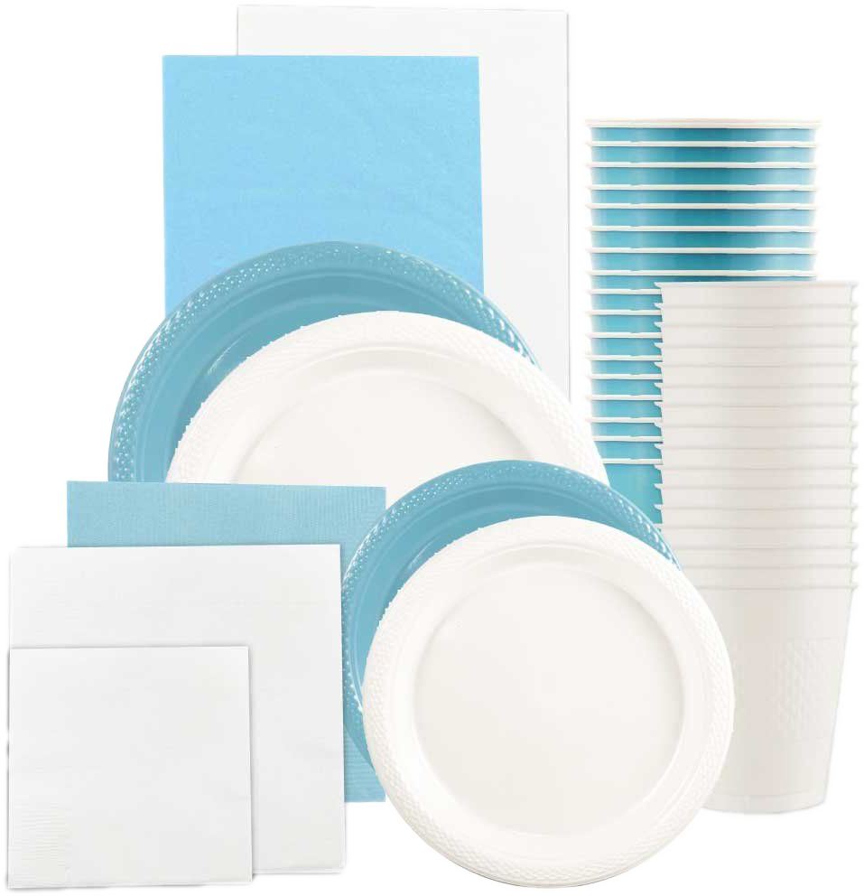 Sea Blue and White Party Tableware Kit (Small and Medium Plastic Plates, Lunch and Beverage Napkins, Plastic Cups, and Plastic Tablecovers) - 160 Pack