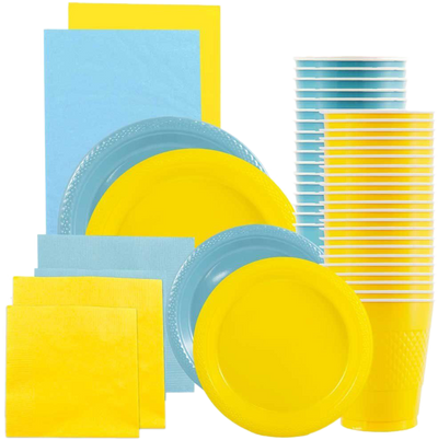 Sea Blue and Yellow Party Tableware Kit (Small and Medium Plastic Plates, Lunch and Beverage Napkins, Plastic Cups, and Plastic Tablecovers) - 160 Pack